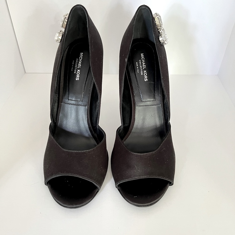 One of a kind Micheal Kors collection black satin peep toe pumps with diamonds
